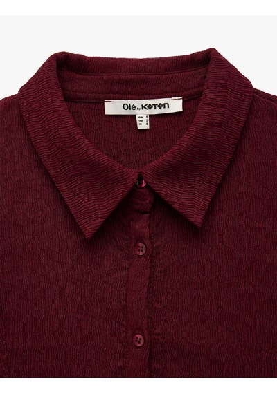 Koton Regular Fit Kısa Kollu Düğmeli Bürümcük Kumaş Polo Yaka Bluz Bordo 7wal60015ık