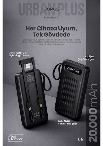 Jopus 20000mah Powerbank Dahili Kablolu, Lcd Ekranlı, Led Lambalı, Taşınabilir Şarj Cihazı Siyah