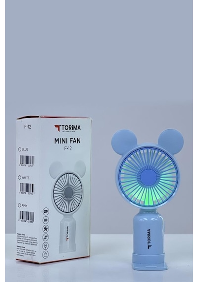 Torima F-12 Mavi Mini Taşınabilir Fan Şarjlı 2 Kademeli Ledli Ayıcık Kulak Vantilatör Klima Soğutucu Fan
