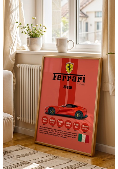 Ferrari 812 Kırmızı V12 Premium Spor Araba Tablosu - Teknik Özellikli İtalyan Otomobil Duvar Dekoru Kayın Ferrari 812 Kırmızı V12 Premium Spor Araba Tablosu - Teknik Özellikli İtalyan Otomobil Duvar Dekoru Kayın