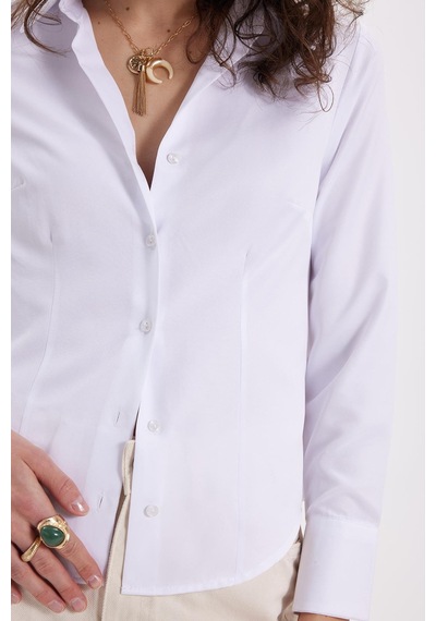 Tudors Kadın Slim Fit Dar Kesim Pensli Vucüda Oturan Uzun Manşet Beyaz Gömlek-42064 Beyaz