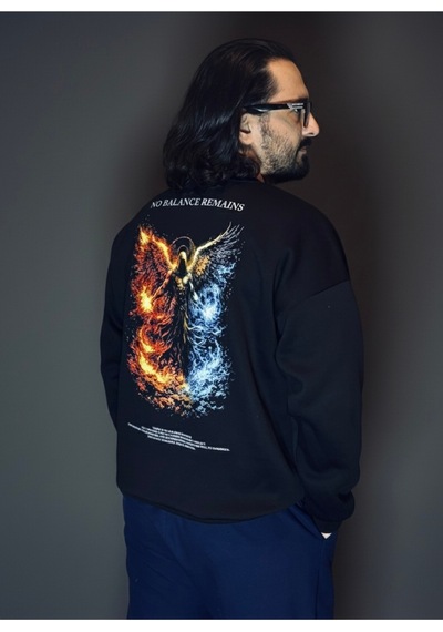 Dark Line No Balance Remains Sırt Baskılı %100 Pamuk Unisex Siyah Oversize Sweatshirt Siyah