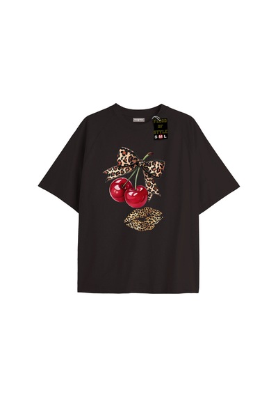 Flood Of Style Siyah Oversize T-shirt Kiraz Kurdale Dudak Özel Tasarım