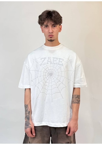 Zaee Spider Taş İşlemeli Oversize Tişört Beyaz