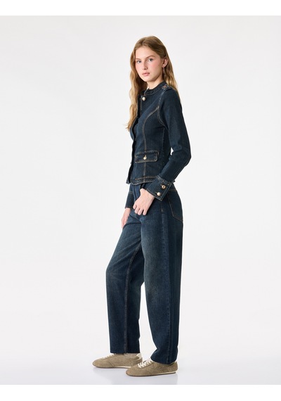 Koton Cepli Omuz Apoletli Pamuklu Düğmeli Dik Yaka Denim Ceket Koyu İndigo 7wal50021md