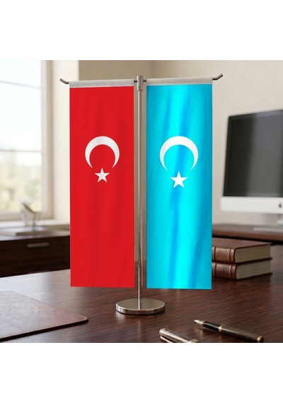 Doğu Türkistan Bayrağı Ve Türkiye Bayrağı Kırlangıç T Tipi Masa Bayrak Takımı Diğer