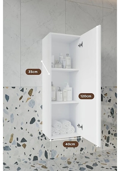 Erguvan Beyaz 120 Cm %100 Mdf Banyo Boy Dolabı Beyaz