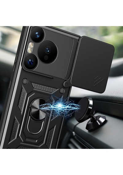 Caseonn Huawei Pura 80 Pro Kılıf Sürgülü Kamera Korumalı Yüzüklü Mıknatıslı Tank Kapak Siyah