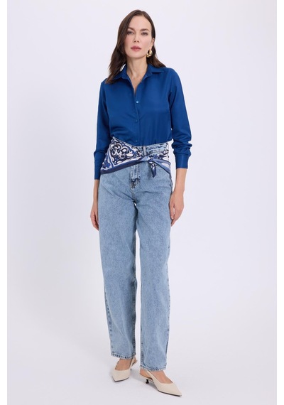 Tudors Kadın Slim Fit Dar Kesim Vücuda Oturan Uzun Kollu Lacivert Basic Gömlek-38823 Lacıvert