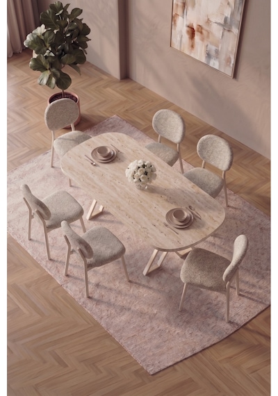 Hooli 90x168 Traverten Mdf Masa, Metal X Ayak, Metal Sandalye, 6 Kişilik Mutfak Masası Takımı Ve Yemek Masası Takımı Krem