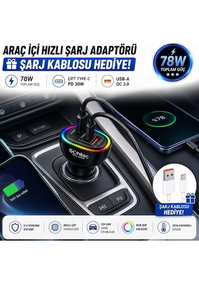 Tr 3 Portlu Araç Şarj Aleti Ve 6a 120w Usba To Type-c Hızlı Data Ve Şarj Kablosu Beyaz