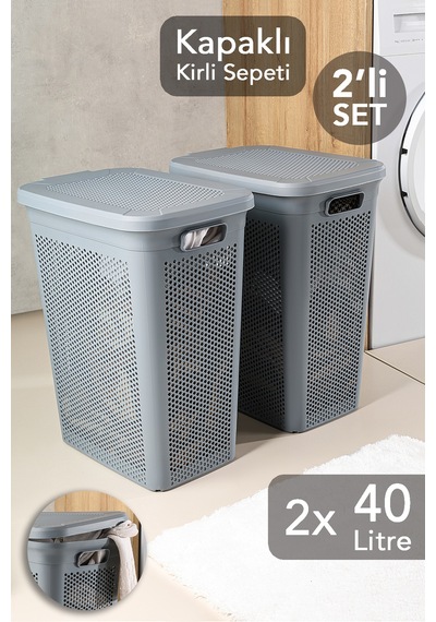 2'li Kirli Çamaşır Sepeti Seti - 40 Litre Kapaklı Delik Detaylı Stash Slim Kirli Sepeti Gri Gri