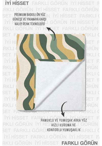 Bohem Güneş Figürlü Plaj Havlusu - Modern Retro Dalgalı Yeşil Bej Hızlı Kuruyan Mikrofiber Havlu Köpük Dalgası