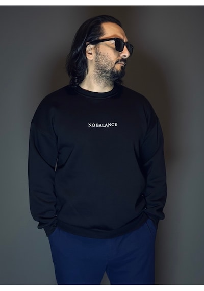 Dark Line No Balance Remains Sırt Baskılı %100 Pamuk Unisex Siyah Oversize Sweatshirt Siyah