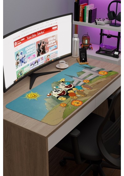 Cuphead Kaymaz Dikişli Kauçuk Oyuncu Mousepad V4 - 90x40 Xxl Gaming Mouse Pad Fare Altlığı