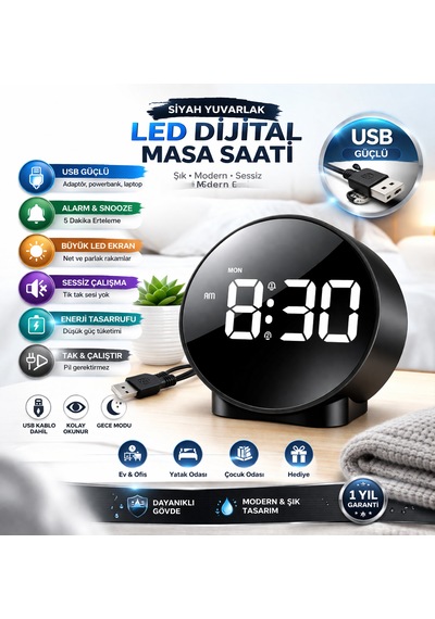 Siyah Yuvarlak Led Dijital Masa Saati Usb Güçlü Alarm Ve Snooze Özellikli Büyük Ekran Masaüstü Saat