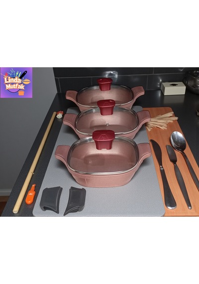 Famos 6 Parça Kendinden Kulplu Cam Kapaklı Döküm Sahan Seti Rose Gold