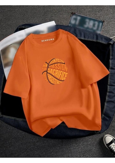 Oversıze Basketbol Topu Baskılı Unısex Tisort Baskılı Turuncu