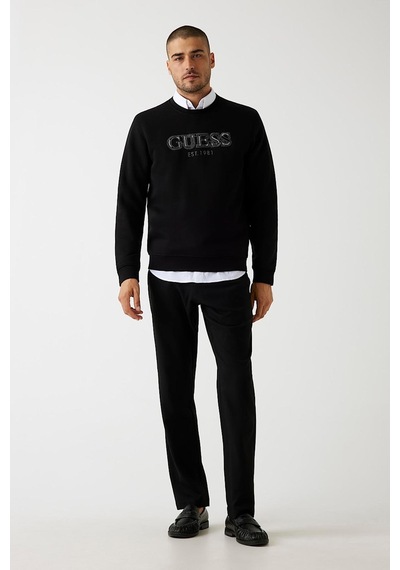 Guess Erkek Fleece Nakışlı Logo Sweatshirt - Siyah Siyah
