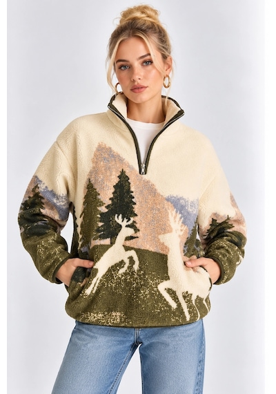 Mevese Cepli Ve Yarım Fermuarlı Dik Yaka Desenli Kadın Oversize Polar Sweat - Krem-yeşil Mevese Cepli Ve Yarım Fermuarlı Dik Yaka Desenli Kadın Oversize Polar Sweat - Krem-yeşil