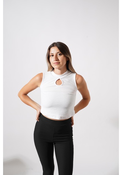 Ckm Moda Chester Yüksek Kalite Kadın Yaka Detaylı Fitilli Crop Örme Bluz Beyaz