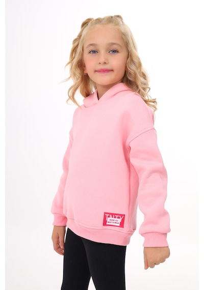 Kız Çocuk Oversize Kapüşonlu Düşük Omuz Baskılı Sweatshirt - 3 İplik Şardonlu Pembe
