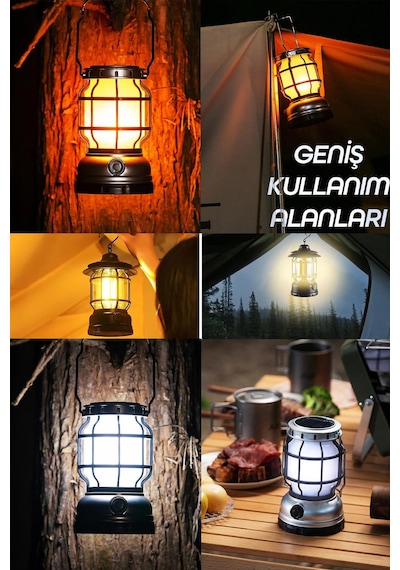 Şarjlı Solar Kamp Lambası - Alev Efektli Powerbank Özellikli Su Geçirmez Led Işıldak Gri 47721 Gri