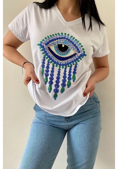 Cassime Kadın Beyaz V Yaka Göz Pul Payet Işlemeli %100 Pamuk Tişört S-m-l-xl-2xl-3xl