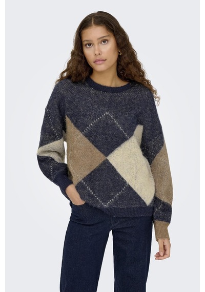 Only Noeme Life Ls Jacquard O-neck Kadın Triko Kazak Jakarlı Bisiklet Yaka Mavi