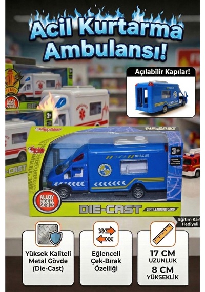 Vardem Metal Çek Bırak Polis Kurtarma Ambulansı - 17 Cm Açılır Kapılı Die-cast Model Araba Çok Renkli