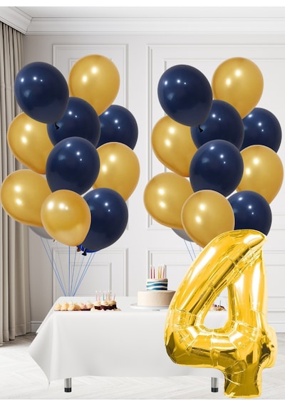 4 Yaş Sarı Lacivert Taraftar Temalı Doğum Günü Seti Altın Kozmik Lacivert Balonlar Altın Folyo Rakam Altın