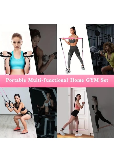 Valkyrie Full Vücut Pilates Bar Seti Egzersiz Çubuğu Ayarlanabilir Evde Onlarcak Farklı Spor Jimnastik Olanağı Kapı Askılı Çantalı Pembe