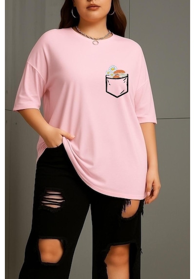 Büyük Beden Cep Çiçek Baskılı Unisex Tişört Pembe
