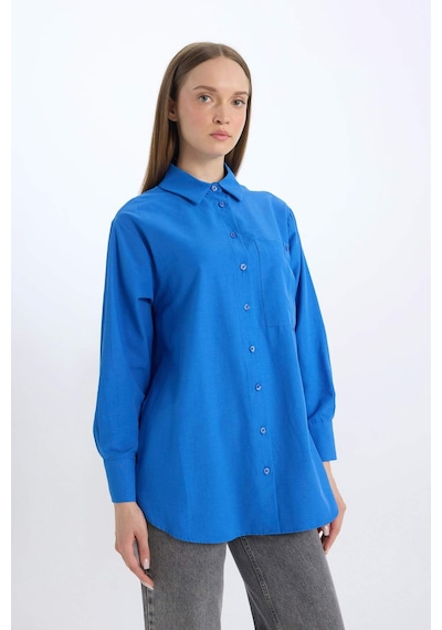 DeFacto Relax Fit Poplin Basic Düz Uzun Kollu Gömlek Tunik D7342AX25SPBE463 Mavi