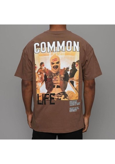Flood Of Style Erkek Kahverengi Common Baskılı Oversize Bisiklet Yaka Tshirt