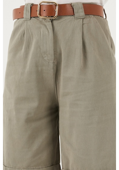 Lela Pamuklu Relaxed Fit Yüksel Bel Kemerli Gabardin Short Bayan Şort 668Yp4710 Açık Haki