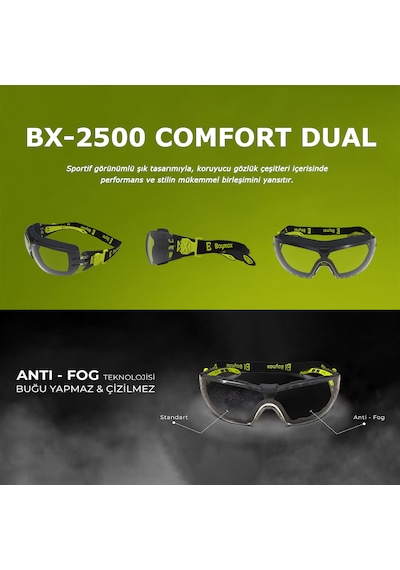 Baymax Bx-2500 Comfort Dual Antifog Şeffaf Buğu Yapmayan Toz Çapak Koruyucu Uv Korumalı Laboratuvar İşçi İş Güvenlik Gözlüğü