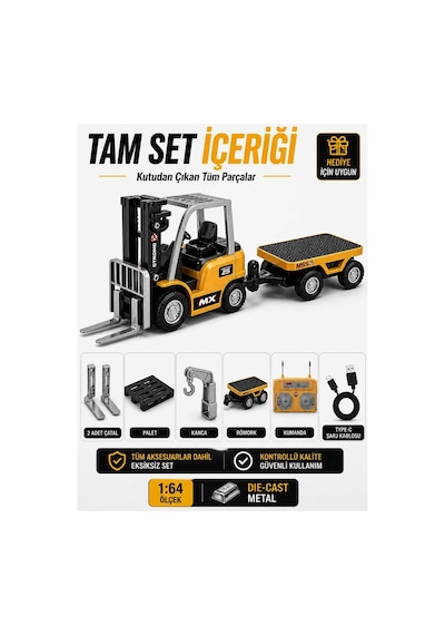 Uzaktan Kumandalı Şarjlı Mini Forklift 1:64 Die-cast Metal - Römorklu Çatallı Kancalı Tam Set 11 Cm Çok Renkli