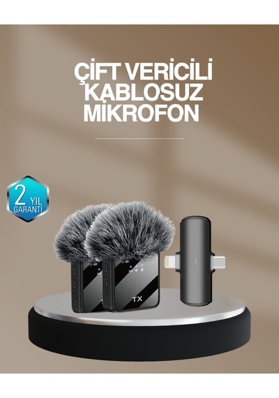2 Li Kablosuz Yaka Mikrofonu Type-c Ve Lightning Uyumlu Profesyonel Set
