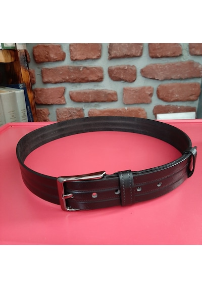 Real Leather Erkek Kemer Desenli Siyah Hakiki Deri Vejetal Dana Derisi 3.5 CM Siyah