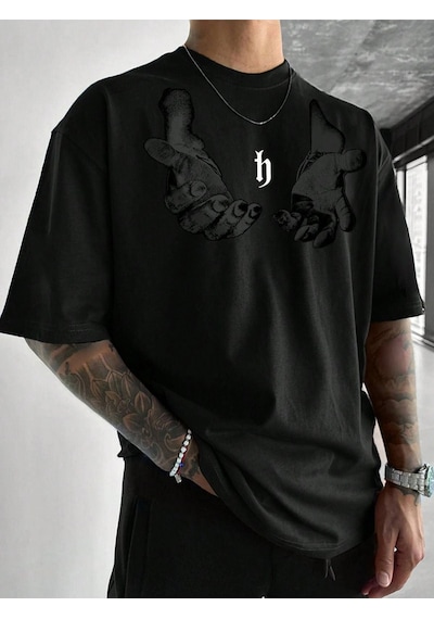 Erkek El Baskı Oversize Siyah Baskılı T-shirt - Bisiklet Yaka Kısa Kol Rahat Kalıp Tişört Siyah
