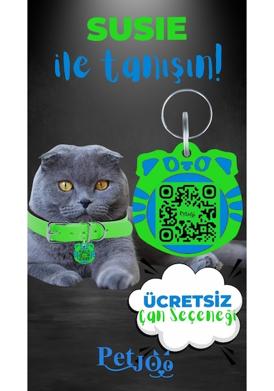 Petjoo 3.Susie Mavi-Yeşil Qr'lı Kedi Künyesi