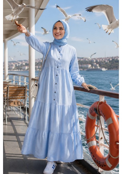 Hb Harma Time Butik Kadın Düğmeli Kat Detaylı Keten Mavi Elbise Mavi Mavi