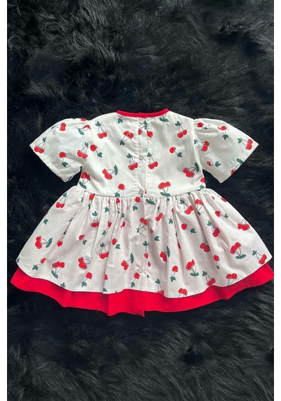Kiraz Desenli Poplin Kız Çocuk Bebek Elbise 001