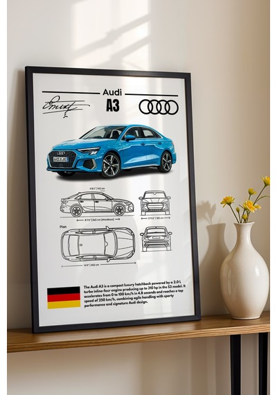 Audi A3 Tablo - Teknik Özellikli Alman Otomobil Poster - Çerçeveli Duvar Dekoru - Araba Blueprint Siyah Audi A3 Tablo - Teknik Özellikli Alman Otomobil Poster - Çerçeveli Duvar Dekoru - Araba Blueprint Siyah