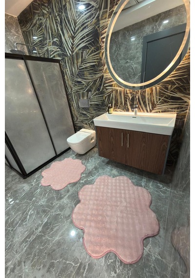 Bubble Papatya Banyo Paspası 2'li Set Pofuduk Yumuşak Peluş Kaymaz Taban Dekoratif Banyo Halısı Pembe