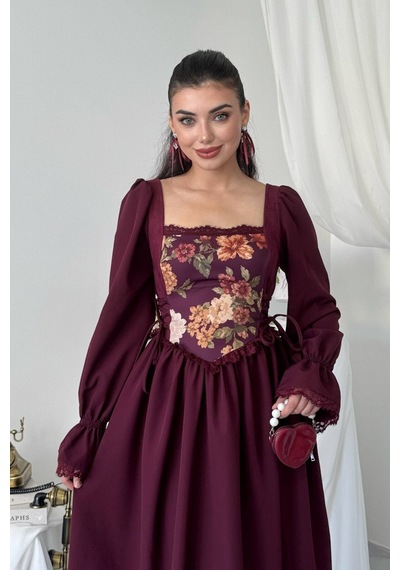 Nils Boutique Vintage Korsajlı Midi Elbise Bordo