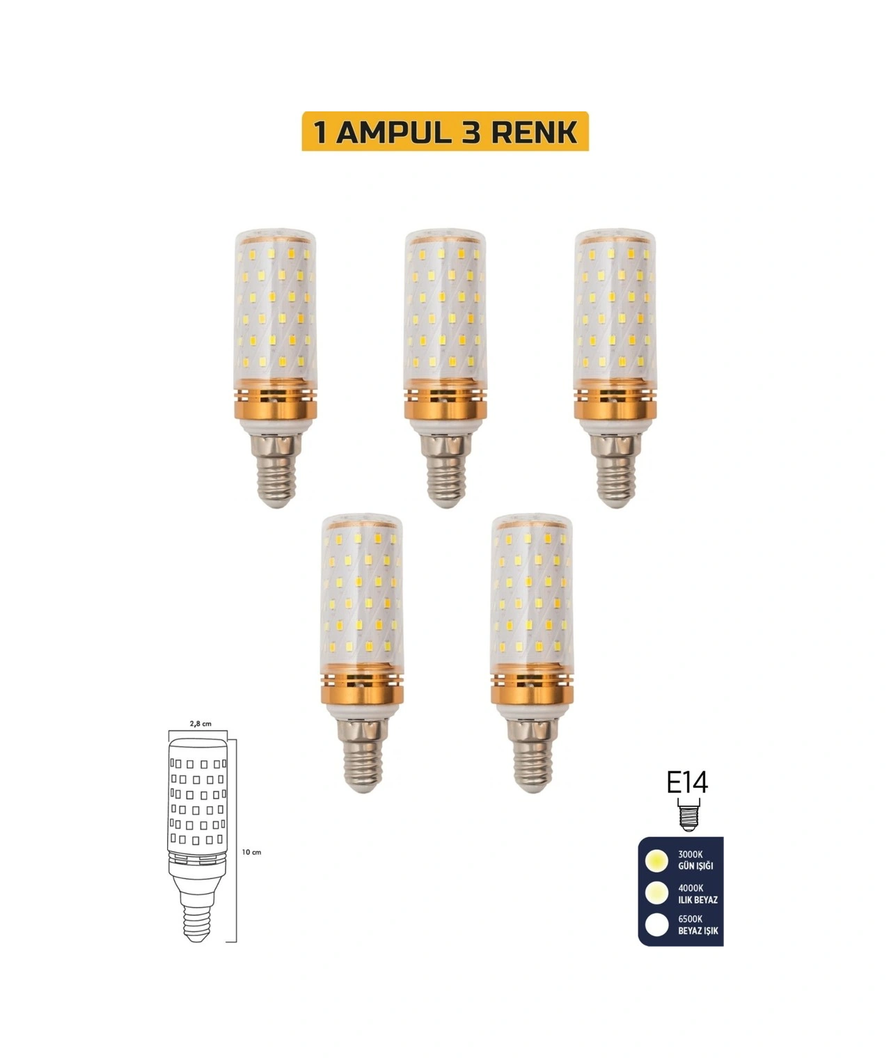 Mısır Şeffaf 10w Üç Renkli E14 Led 5'li Ampul Erd-306