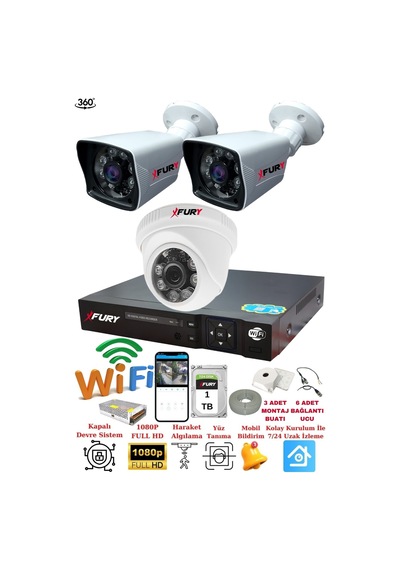 Fury 3 Kameralı 5mp 3.6mm Lens 2mp Görüntü 6 Atom Led Gece Görüşlü Fullhd Güvenlik Kamera 5525di1tb
