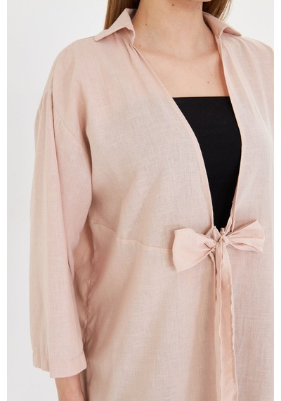 Armonika Kadın Pudra Önden Bağlamalı İnce Keten Kumaş Midi Boy Kimono Gömlek Arm-24y001081 Armonika Kadın Pudra Önden Bağlamalı İnce Keten Kumaş Midi Boy Kimono Gömlek Arm-24y001081